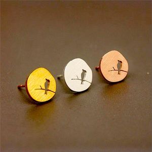 Silver disc bird on branch earrings studs gift new